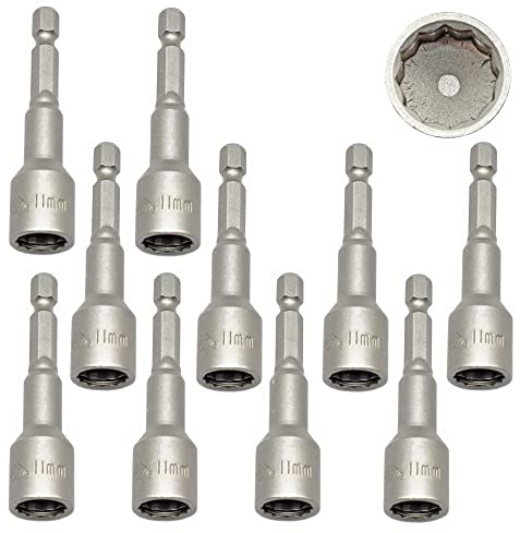 Pack of 10 x 11mm Bi-Hex Socket - 65mm Long 1/4 Hexagon Drive for Power Drill