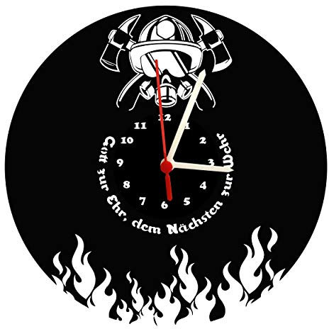 bigcopy e.K. Wanduhr, Feuerwehr Design, schwarzes Ziffernblatt, hochwertige Acrylglas Uhr mit lautlosem Quarzwerk, 3mm Stärke
