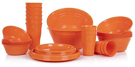 Mintra Set de vaisselle complet 38 Pièces Halloween Plastique Incassable Réutilisable Snacks Salades Desserts Boissons Assiettes Gobelets Bols Fête Micro-Ondes/Lave-Vaisselle - Orange