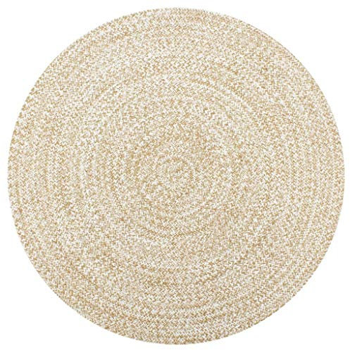 Festnight Teppich Outdoor Teppiche Rund geflochten für Garten oder Balkon Handgefertigt Jute Weiß und Natur 120 cm