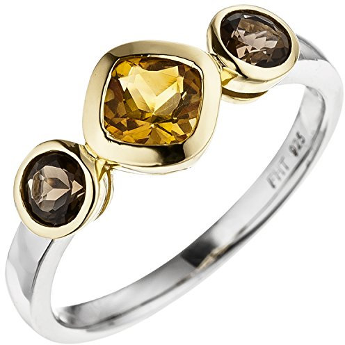 Jobo Damen-Ring aus 925 Silber Bicolor vergoldet mit Citrin und Rauchquarz Größe 54