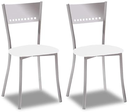 2 Sillas metálicas con respaldo de escalera y asiento tapizado - Estructura color aluminio - Asiento en Polipiel blanca