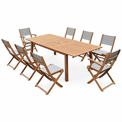 Alice's Garden - Ausziehbare Gartengarnitur aus Holz - Großer Tisch 180/240 cm mit Verlängerung, 2 Sesseln und 6 Stühlen aus geöltem-Eukalyptusholz und taupegrauem Textilene - Almeria