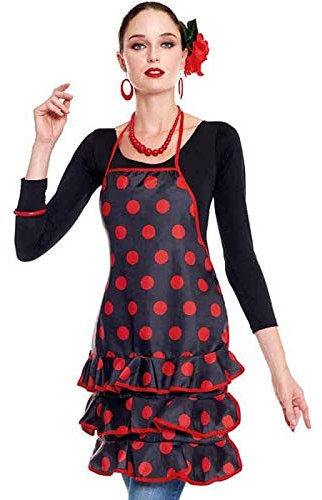 Delantal Sevillana Flamenca Lunares【Negro Lunares Rojos】| Accesorio Feria Abril Delantal Cocina Mujer Original 1 UNIDAD