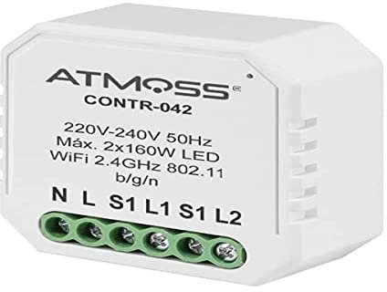 ATMOSS | Interruptor WiFi para 2 Dispositivos | CONTR-042 | 2 x 150W LED | Domótica para el Hogar | Compatible con Alexa y Google Home | Doble Interruptor para Apps Smart Life y Tuya | Regulador LED