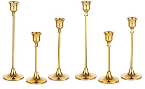 Romadedi kerzenständer Metall Gold 6er Set - Dekorativer Vintage Kerzenhalter in Unterschiedlicher Größe Kerzen Ständer für Stabkerze Spitzkerzen Hochzeit Party Weihnachten Tischdeko 15/19/24cm