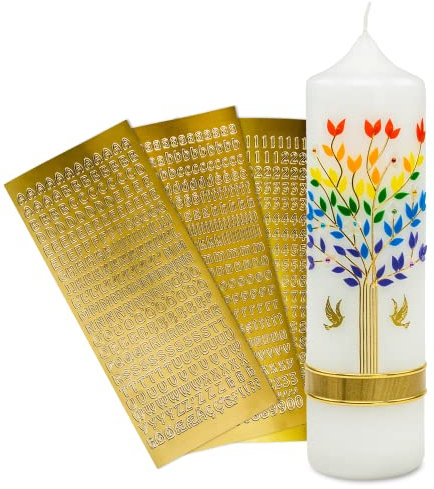 WikaKerzen DIY Taufkerze Lebensbaum - Personalisierbare Kerze zur Hochzeit, Taufe & Kommunion - Geschenk für Junge - Sticker für Datum & Name - 25x7cm (Bunt-Gold, 25x7cm)