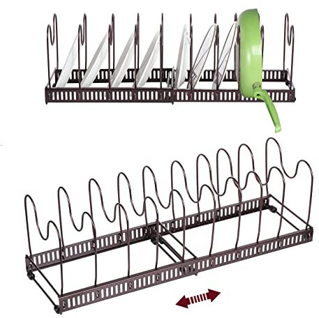 Kinsinder Pfannenhalter für Schublade, Erweiterbarer Pfannen Organizer mit 10 Verstellbaren Teiler, Küche Pfannen Organizer, Erweiterbarer Pfannenhalter für Töpfe und Deckel (Bronze-10)