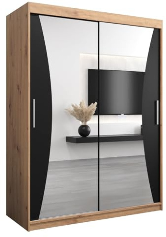 MEBLE KRYSPOL Kleiderschrank mit Spiegel Monaco - Garderobenschrank - Schrank Schlafzimmer - Mehrzweckschrank Zwei Schiebetüren - Regalen - Flur Möbel - Kleiderstange Schrank - Allzweckschrank