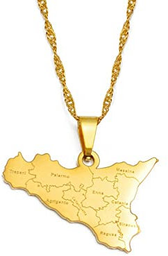 Italien Sizilien Karte Halskette Für Männer Und Frauen, Italienische Karte Halskette Mit Stadtnamen Pullover Schlüsselbeinkette Krawatten, Ethnischer Schmuck Kartensymbol Anhänger, Gold, 45 cm K