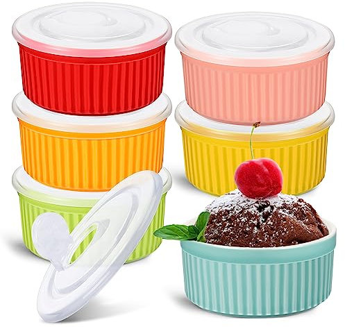 6 Sets Porcelain Ramekins with Lids 8 Oz Oven Safe Creme Brulee Souffle Ramekins with Covers for Oven Stackable Ceramic Bowl with Lid Baking Dishes Cups for Baking(Multi Colors)