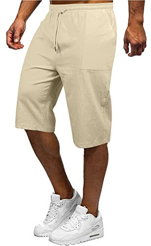 YAOBAOLE Shorts et Bermuda Homme 3/4 Long Pantacourt Court Homme Eté Coton Lin Short Taille Elastique