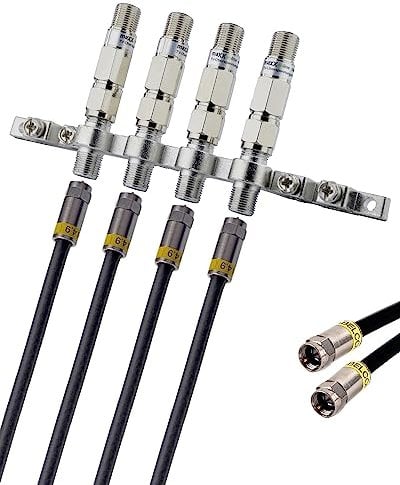 maxx.onLine Erdungsblock inkl. 4 Stk. Überspannungsschutz & Blitzschutz Filter, 4 Stk. 30cm F-Stecker Verbindungskabel 3fach geschirmt CLASS A+ Koaxialkabel, Jumperkabel, Patchkabel
