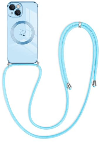 Newseego Crossbody Lanyard Case for iPhone 15 [Compatible for MagSafe], Cute Heart Girl Women Flexible Silicone Protective Phone Case with Adjustable Strap Necklace Bumper Cover iPhone 15-Blue