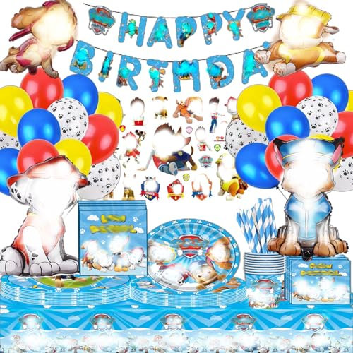 IXOKEV 114 Stück Dog Patrol Deko Set, Luftballons, Partygeschirr Kindergeburtstag, Tortendeko, Folienballon für Party und Geburtstag