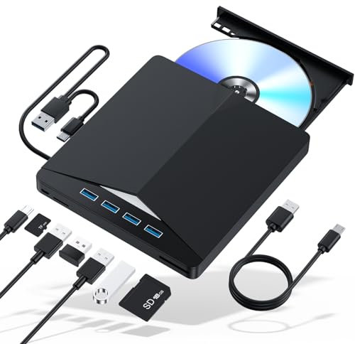 External CD/DVD Drive for Laptop - 7 in 1 USB 3.0 DVD Player for Laptop, CD ROM Disk Drive Portable CD/DVD Burner Compatible with Laptop, Desktop PC, Windows 11/10/8/7, Linux, Mac OS (Black)