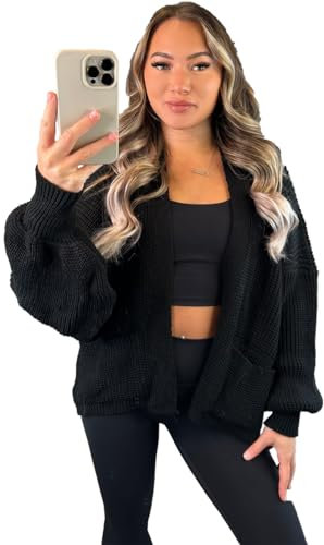 eyes Black Women's Ladies Oversized Long Cardigan Balloon Sleeve Baggy Boyfriend Chunky Ribbed Open Knitted Maxi Pocket Warm Casual Plain Winter Jumper Sweater Top UK 6-18