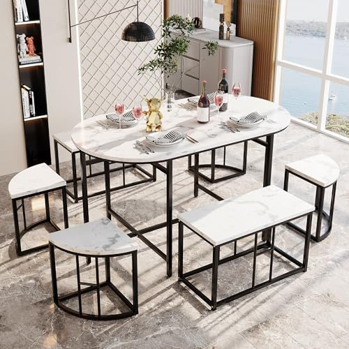 Dolamaní Esszimmertisch-Set mit sechs Stühlen, Essgruppe mit weißen MDF-Sitzfläche und schwarzen Eisenrahmen,Moderne Luxustische und -stühle (A, Schwarz)