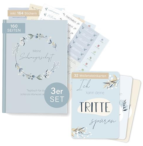 mintkind® Schwangerschaft Geschenkset Meine Schwangerschaft Tagebuch + Meilensteinkarten Schwangerschaft Blau I Schwangerschaft verkünden I Personalisierte Geschenke Baby