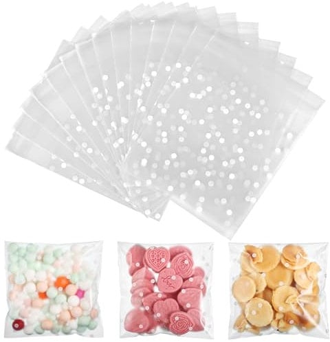 Hemiks 200 Pcs Sachet Transparent Adhesif 10 x 10 cm, Sachet Plastique Bonbon à Pois Blanc, Sac à Biscuit pour Bonbons Chocolat Fête Anniversaire Noël