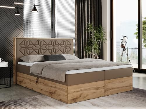 MKS MEBLE Boxspringbett 200x200 cm mit Bettkasten und Kopfteil, Polsterbett mit Matratze H3 und Topper T25, Boxspringbett mit Massivholz - Nessi - Braun Kunstleder