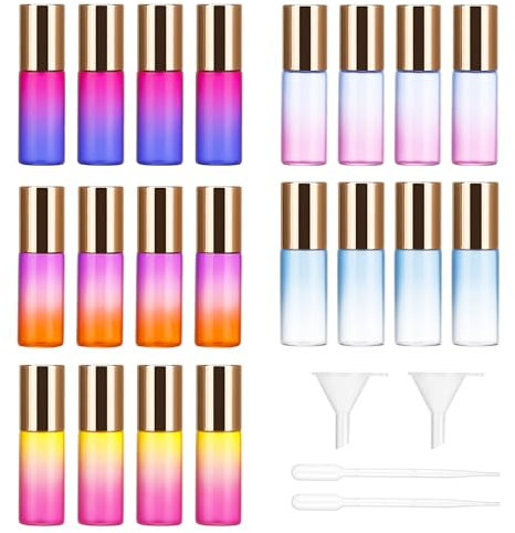 Partideal 20 Stück Ätherische Öle Roller Flaschen,Farbverlauf Glas Roller Flaschen mit Edelstahl Roller Bällen,Nachfüllbar Roll On Flasche mit Pipetten Trichter,für Ätherisches Öl Parfüm Aromatherapie