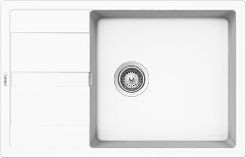 SCHOCK | Fregadero de cocina Primus D100XS 1 bañera grande con escurridor pequeño, bañera reversible, material Cristalite®, blanco absoluto, 780 x 500 mm