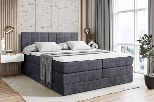 ALTDECOR Boxspringbett mit Matratze und Lattenrost, Topper, Polsterbett mit Bettkasten, Bett mit Stauraum H3- und H4- Matratze, Doppelbett, Springboxbett - MOETI King - 180x200 - Dunkelgrau Samt