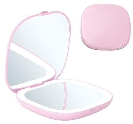 Miroir de Poche, Grossissement 1x/3x, LED Miroir de Poche Lumineux, Miroir de Maquillage de Voyage LED, Miroir de Voyage, Miroir Grossissant avec Lumière, Miroir Cosmétique, Miroir Compact (Rose)