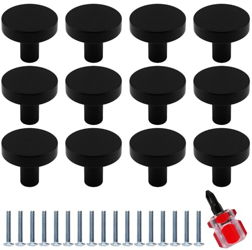 JIEHIN 12 Stück 30mm Möbelknöpfe Schwarz Metall, Schrankknöpfe mit Schrauben und Schraubendreher, Schubladenknöpfe Schwarz Türknöpfe Möbelknopf für Kleiderschrank Schrank Schublade