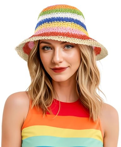 DOCILA Sombrero reversible con estampado de rayas para mujer, ala grande, plegable, viseras de sol, casual, de algodón, gorras de pescador con cuerdas, Rainbowstripe-style1, Talla única