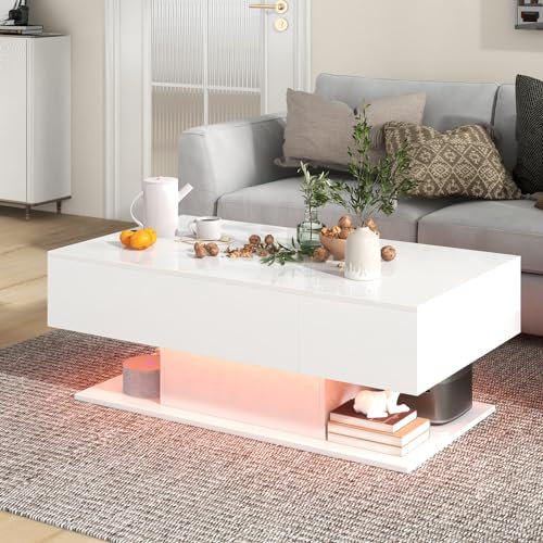 COSTWAY Table Basse Blanche Laquée, Table Basse avec Tiroirs, 20 Lumières, 22 Modes Dynamiques, Télécommande, Table Basse avec Compartiment Caché, Base Épaissie, Finition Brillante (Blanc)