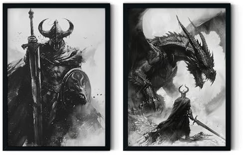 MJ-GRAPHICS® Poster Set Dark Fantasy Krieger Jungen Gamer & Jugendzimmer Bilder Elden Ring Poster Gaming Zimmer Deko, 2xA3 Ritter, Drachen Bilder Wanddeko Deko Bilder Gamer Deko Bilder ohne Rahmen