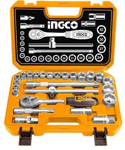 INGCO Coffret de Douilles Embouts et Clés à Cliquet 25 Pièces, CR-V, 1/2Inch, 72 Dents, Dégagement Rapide pour Outil de Réparation de Véhicule, La Réparation à Domicile et Le Bricolage HKTS12251