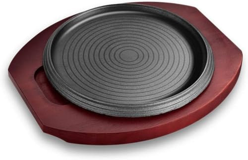 HPTHLY Padella per Bistecca in ghisa, Piatto Rotondo, Padella per Bistecca in ghisa e Base in Legno, Piatto da Portata con Manico, Piatto da Portata in ghisa con Tagliere in Legno