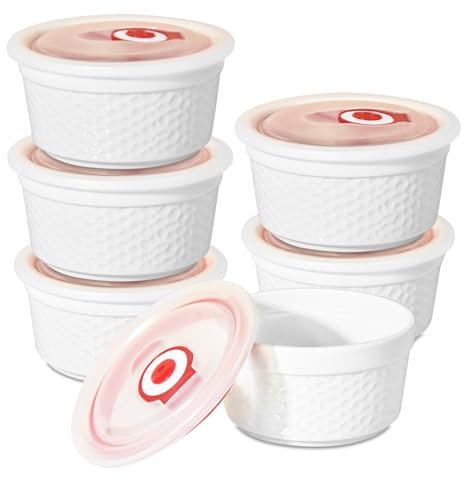 8 oz Ramekins Oven Safe with Lids, Creme Brulee Ramekins Bowls with Covers,White Custard Cups for Baking, Dipping Sauce Cups, Classic Style Ramekins Bowls, Set of 6