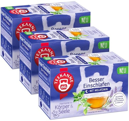 Teekanne Besser Einschlafen mit Melatonin 3er Set (3x18 Teebeutel) | Kräutertee mit Melatonin für besseren Schlaf, Natürliche Harmonie für Körper & Seele, Abendentspannung, Anti Stress