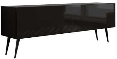 3E 3xE living.com Meuble TV : Deux Portes, Deux étagères, Couleur : Noir Mat/Noir Brillant, Pieds Noirs D : L : 140 cm, H : 52 cm, P : 32 cm