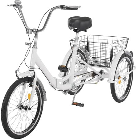 WSIKGHU 20 Zoll Dreirad für Erwachsene, 3 Rad Premium Fahrrad mit Einkaufskorb, 20 Zoll Faltbares Fahrrad für Mädchen Jungen Herren und Damen (155-175CM,120KG) (Weiß)
