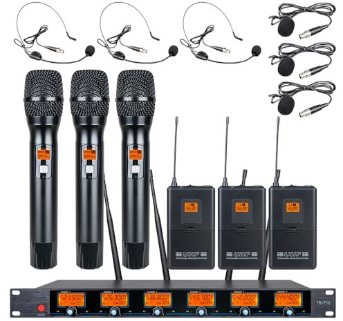 Tbaxo Microphone Wireless Microphone System UHF 6 Channel 3 Handheld Mic 3 Headset 3 Lavalier Bodypack 3 Lapel Mic Karaoke System Frequency B School Church Speaking Conference Wedding Party