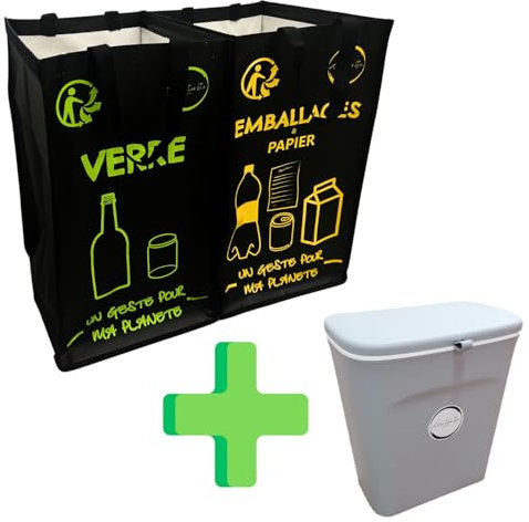 Kit de Recyclage (Version Noir) - Sacs de Tri Selectif - Poubelle de Tri Selectif - Composteur - Double