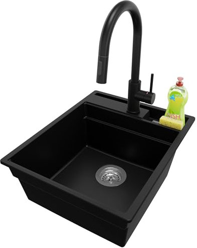 PRIMAGRAN Fregadero Granito Negro 43x53cm, Fregadero Cocina 1 Seno + Sifón + Grifo 40x20cm, Fregadero sobre encimera al mueble 45cm - Oslo Pocket