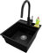 PRIMAGRAN Fregadero Granito Negro 43x53cm, Fregadero Cocina 1 Seno + Sifón + Grifo 40x20cm, Fregadero sobre encimera al mueble 45cm - Oslo Pocket