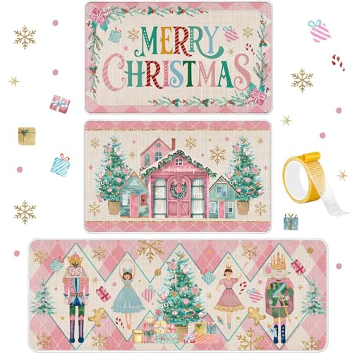 Drydiet 3 Pcs Pink Nutcracker Christmas Kitchen Mat and Rug Non Slip Doormat Washable Waterproof Floor Mats Farmhouse Holiday Kitchen Decor for Home Floor Office Bathroom Party Rustic Decor