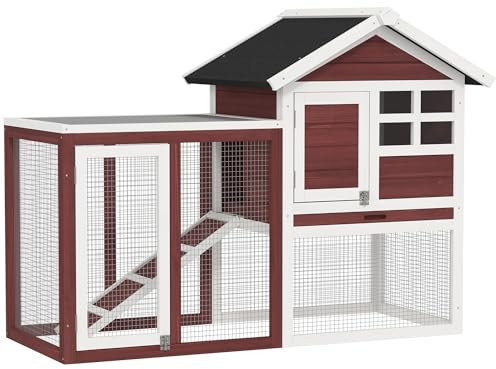 PawHut Gabbia per Conigli, Porcellini d'India e Roditori, Conigliera da Esterno in Legno di Abete con Casetta, Vassoio e Rampa, 122x62.6x92 cm, Marrone e Bianco