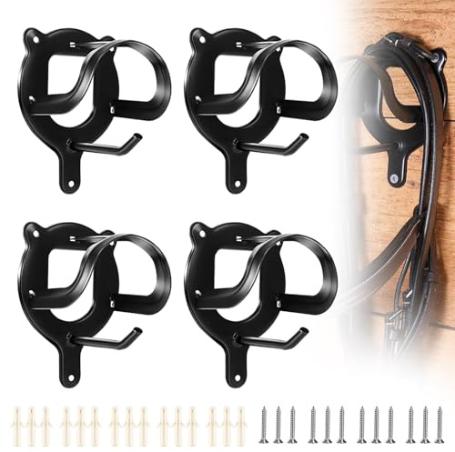 4 Stück Trensenhalter Pferd, Metall Sattelhalter Pferd Gertenhalter Zaumzeughaken mit Expansionsröhrchen und Schrauben Trensenhaken für Sattelkammer Scheune Stall (Schwarz)