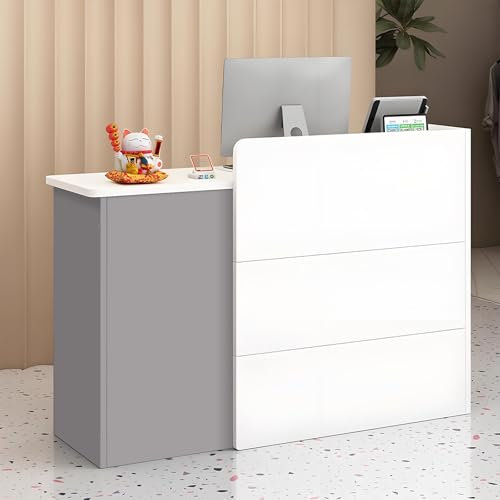 QUEMZAR Empfangstheke Klein Holz, Rezeptionstheke, Empfangstresen Kosmetik, Rezeptionstheken mit Schublade, Laden-Theke Verkaufstheke Tresen Büromöbel Rezeptionsmöbe Hellgrau 120 * 40 * 90cm