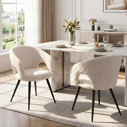 Ya-Home Set de 2 Silla de Comedor Silla Cocina Patas Metal Nórdico,Beige | Asiento Tapizado de Chenille, Pata Metal Antideslizante, Respaldo Curvo, Cojin Grueso, para Hogar/Restaurante, MAX 113KG