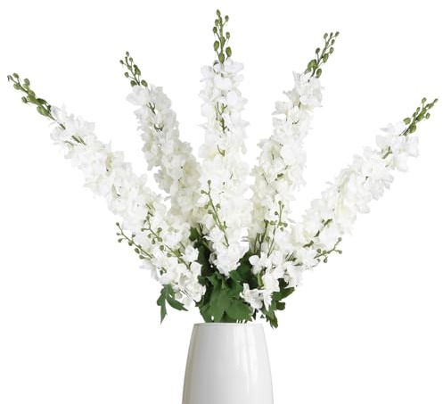 IPOPU 43.3 White Delphinium Artificial Flowers 5PCS Faux Delphinium Flowers Larkspur Long Stem Artificial Flowers for Wedding Table Centerpieces Home Garden Decor(White)