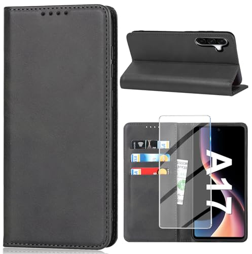 Vaki für Samsung Galaxy A17 Hülle mit Schutzfolie, Handyhülle Galaxy A17 4G/5G PU Leder Wallet Kartenfach Klapphülle, Schutzhülle für Samsung A17 Flip Case Cover Coqu Tasche Handyschutz (Schwarz)